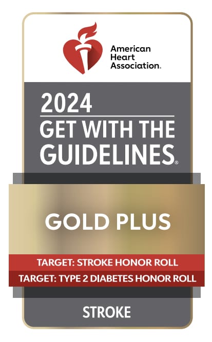 American Heart Association 2024 Get With The Guidelines Gold Plus award badge for Stroke, including Target: Stroke Honor Roll and Target: Type 2 Diabetes Honor Roll.